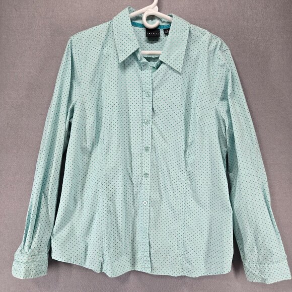 Tribal Tops - Tribal Women's Long Sleeve Button Up Dress Blouse, Teal Polka Dot, Size 14/Large